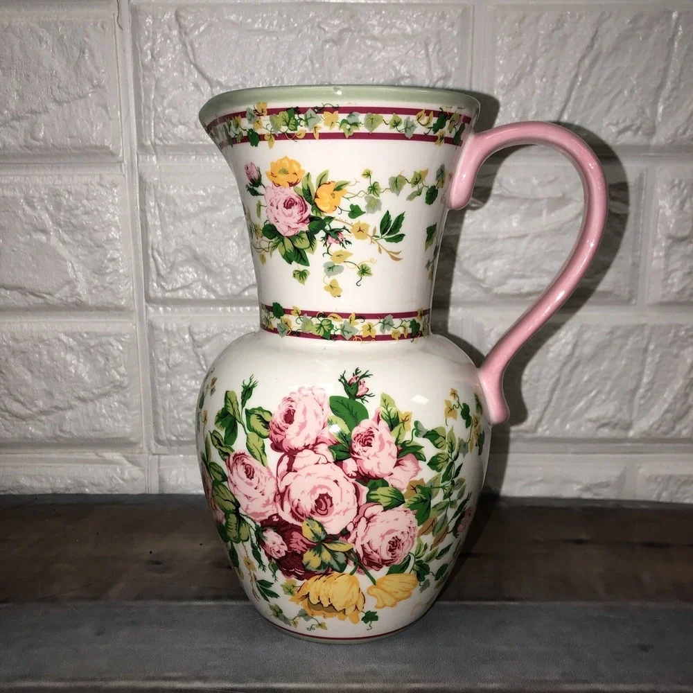 Vintage Laura Ashley Home Pink Roses Pitcher‎ Vase 7 1/2